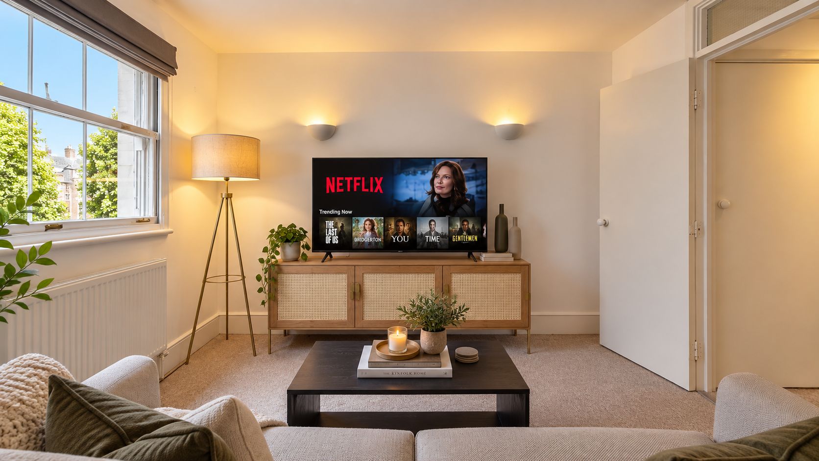 A living room with a television displaying Netflix shows, a lamp, a bookshelf, and a coffee table with books and a candle.