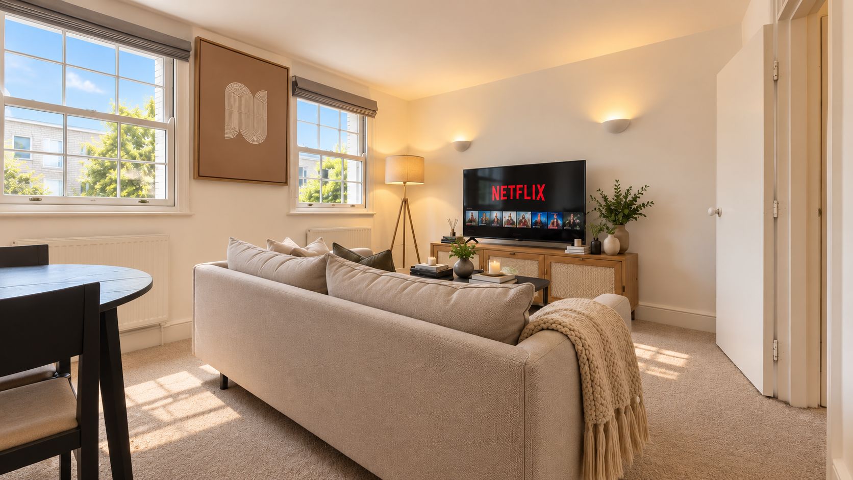 Ein Wohnzimmer mit einem beigen Sofa, einem Esstisch, einem Fernseher, der Netflix zeigt, einer Lampe und einem Fenster mit Jalousien.