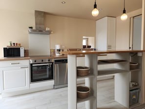 A modern kitchen with white cabinetry, stainless steel appliances, a wooden countertop, and hanging pendant lights.