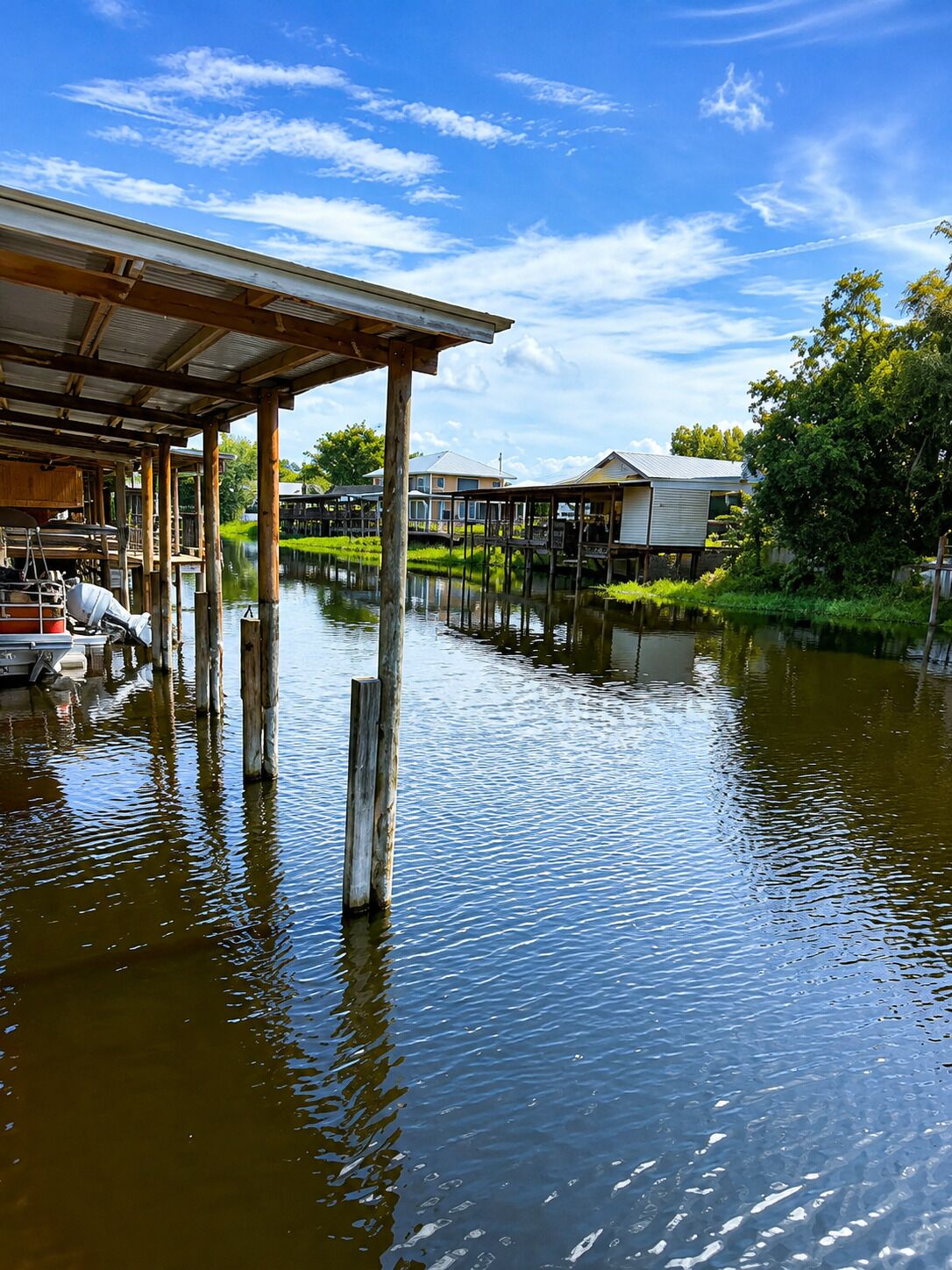 A waterfront property with a dock, wooden structures, and a calm river.