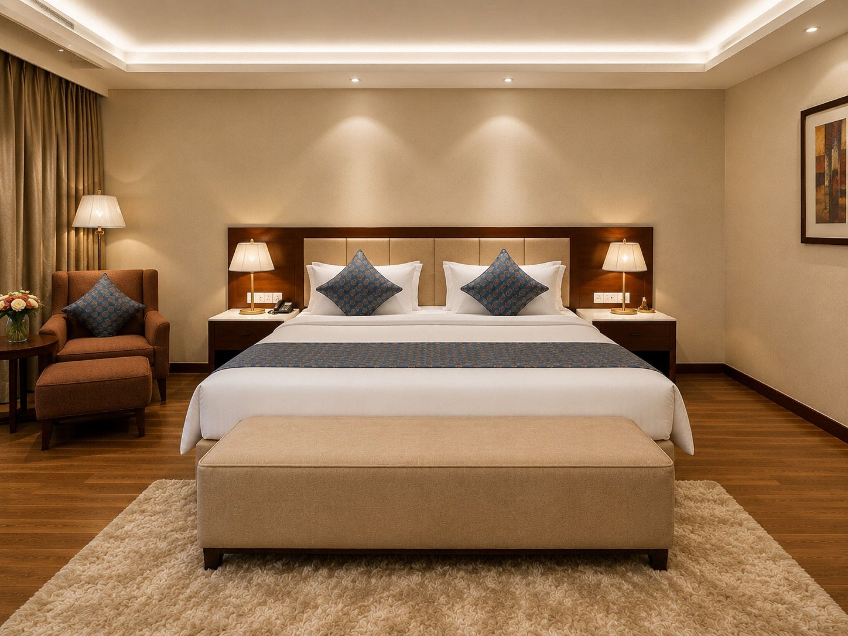 Ein Hotelzimmer mit einem großen Bett, zwei Nachttischen mit Lampen, einem Sessel und Teppichboden.