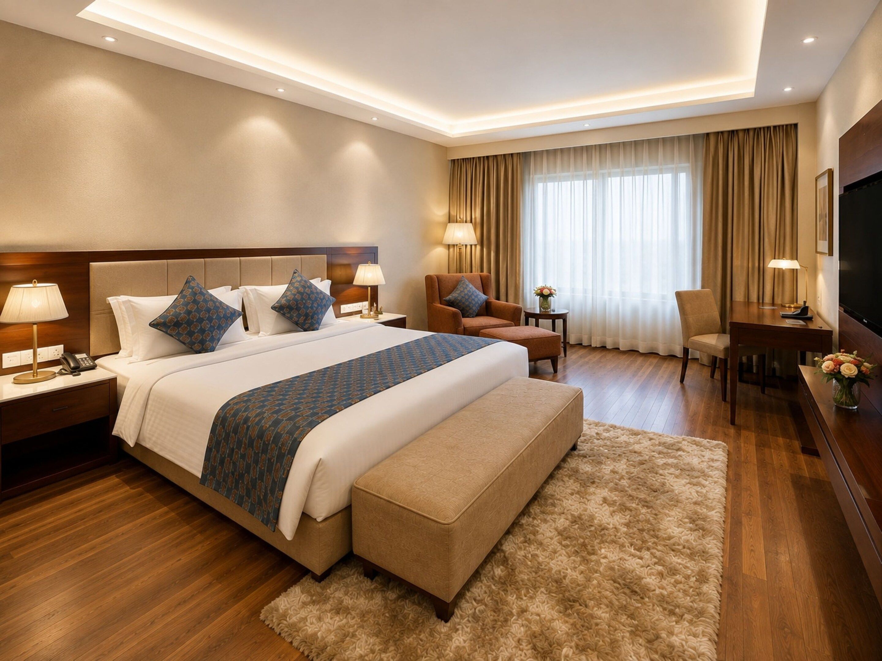 Ein Hotelzimmer mit einem großen Bett, einem Schreibtisch, einem Sessel und einem Fernseher.