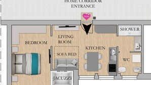 A floor plan of a hotel room with a bedroom, living room, sofa bed, jacuzzi, kitchen, and shower.