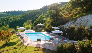 Ein Schwimmbecken mit Liegestühlen und Sonnenschirmen, umgeben von Grünflächen und Hügeln.