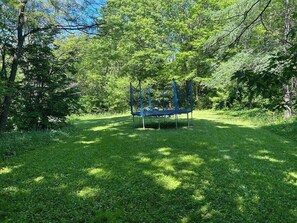 Ein Spielplatz mit einer blauen Schaukel in einer von Bäumen umgebenen, grünen Wiese.