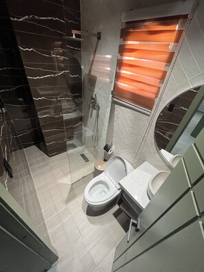 Ein modernes Badezimmer mit einer gläsernen Duschkabine, einer Toilette und einem Waschbecken.