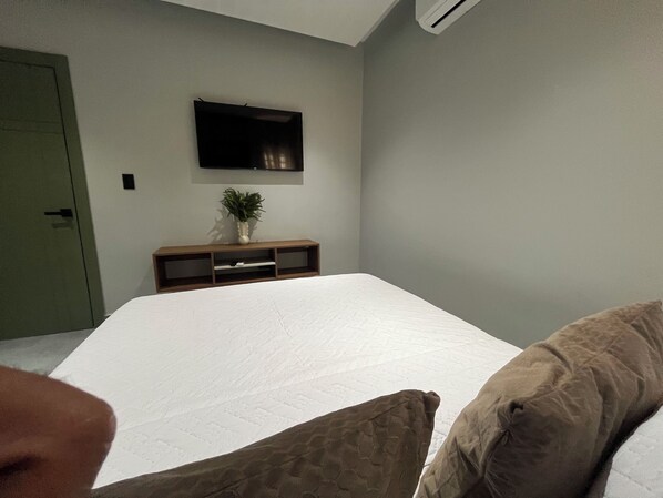 Un dormitorio con una cama, un televisor montado en la pared, una pequeña consola de madera con una planta y una puerta.