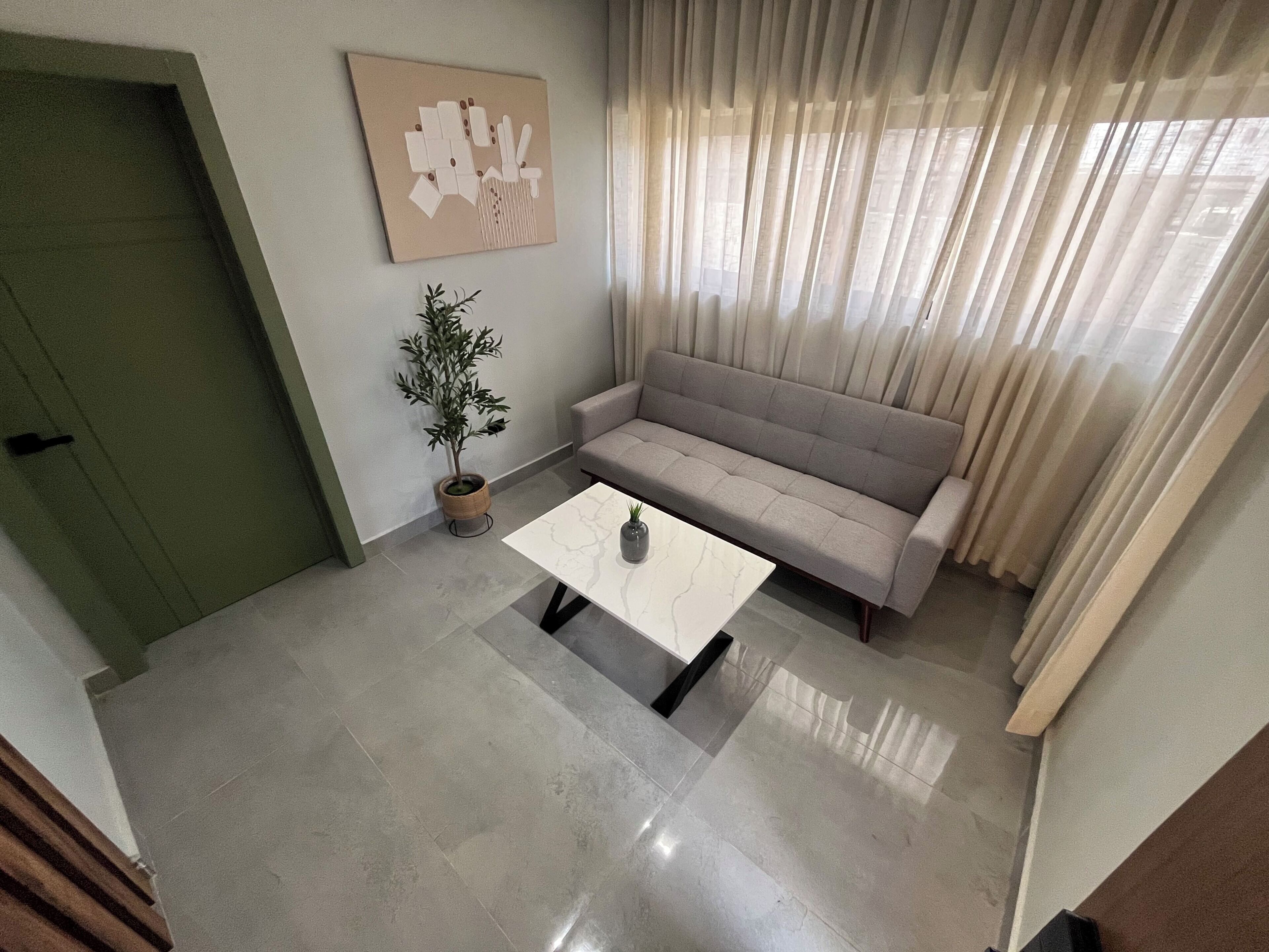 A living room with a sofa, a coffee table, a potted plant, and a painting on the wall.