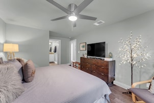 Un dormitorio con cama, cómoda, televisor y una planta decorativa.