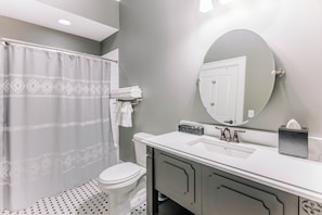 A bathroom with a shower curtain, a toilet, a sink with a mirror, and a towel rack. - Spacious Historic King Room by New River Trail (Max Meadows)