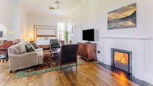 Quarto de hotel com cama, televisão, lareira e um quadro.