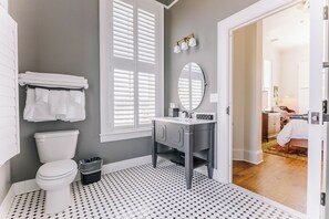A bathroom with a toilet, a sink, and a mirror. - Large Historic King Room by New River Trail (Max Meadows)