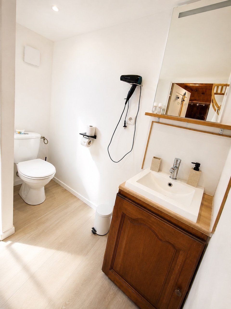 A bathroom with a toilet, a sink, a mirror, and a hairdryer.