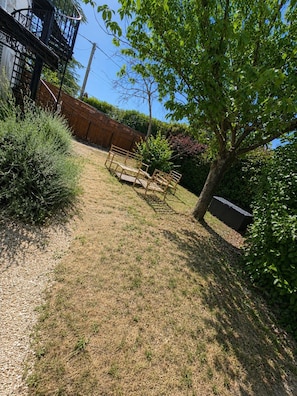 A grassy backyard with a wooden bench, a tree, and a fence.