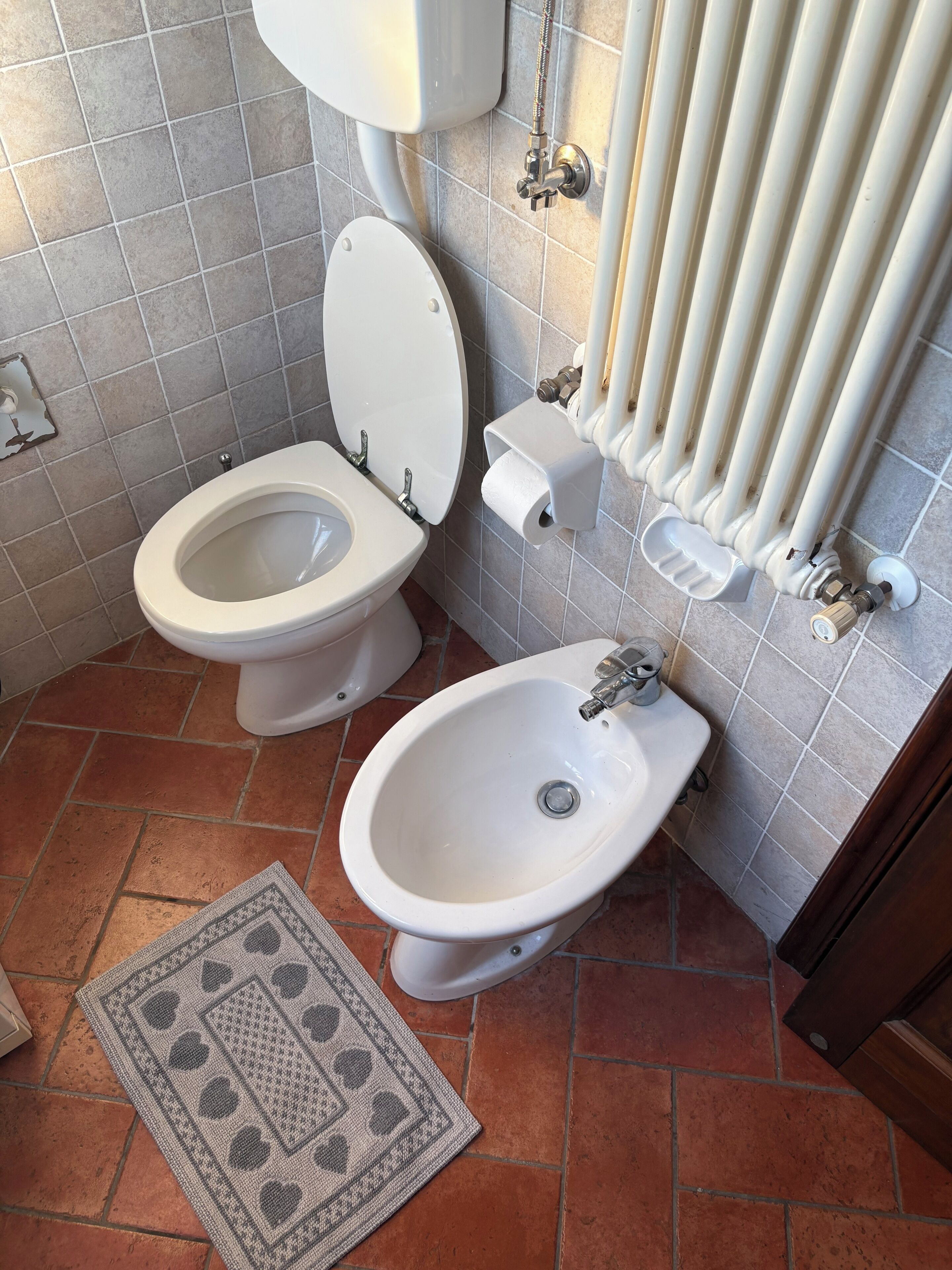 Ein Badezimmer mit Toilette, Bidet und Waschbecken, inklusive Heizkörper und Handtuchhalter.