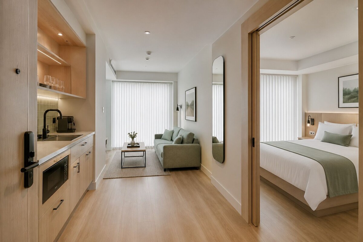 Ein modernes Hotelzimmer mit Küchenzeile, einer Couch, einem Bett und einem großen Spiegel.