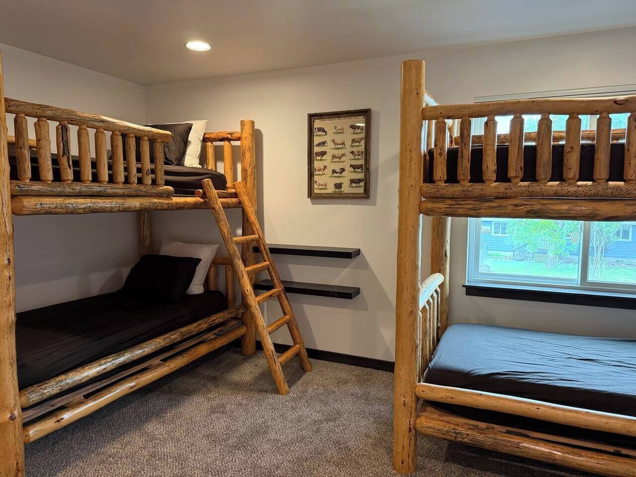 Habitación con literas, una escalera, un cuadro con animales y una ventana.