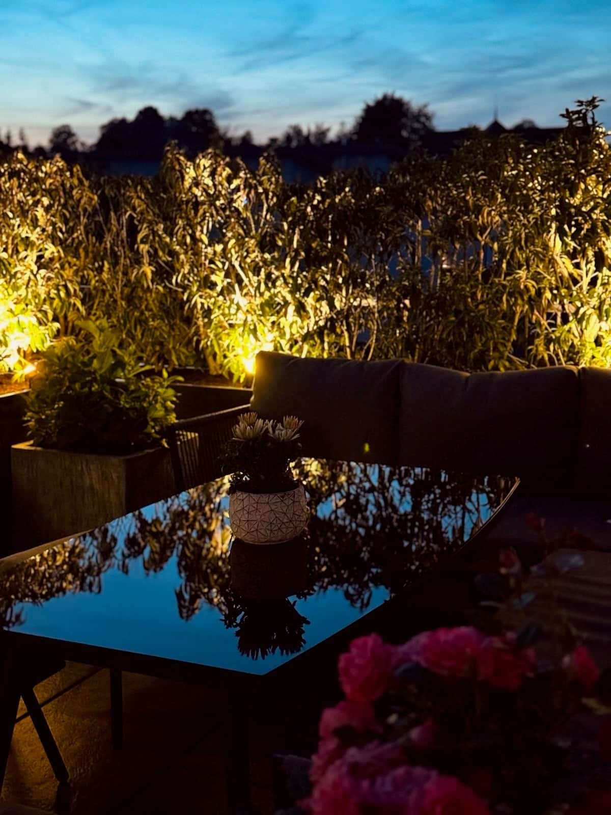 An outdoor seating area with a glass table reflecting the surrounding foliage and a potted plant with flowers.