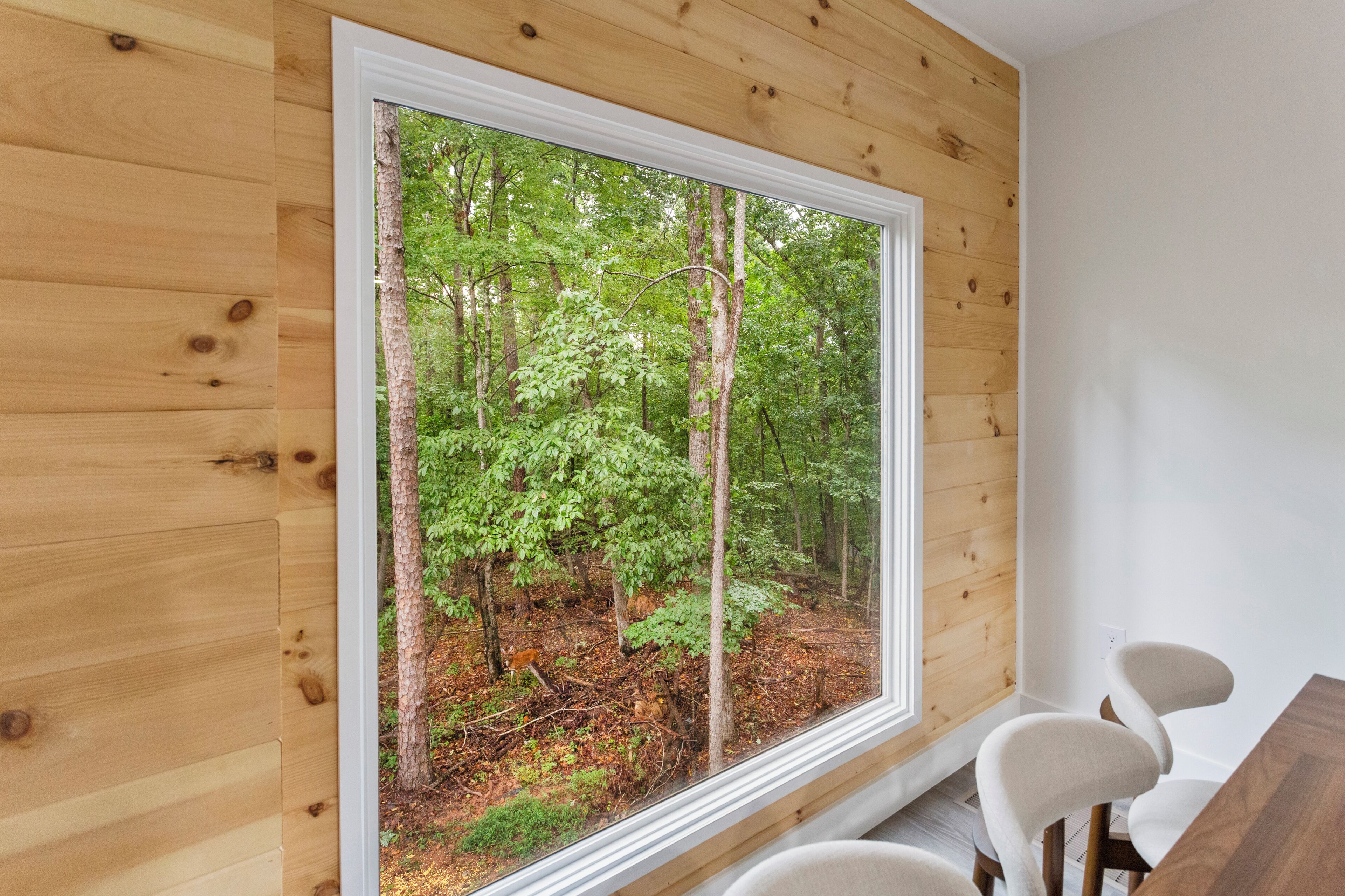 Ein Zimmer mit einem großen Fenster und Blick auf einen Wald.