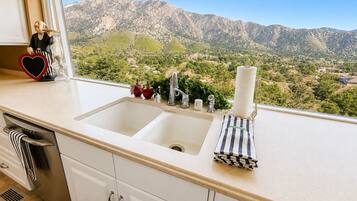 Una cocina con un lavamanos doble, una ventana con vista a la montaña y una figura decorativa sobre la encimera.