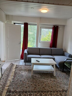 Un salon avec un canapé gris, une table basse blanche et un tapis à motifs.