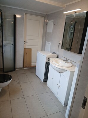 Une salle de bain avec des toilettes, un lavabo et un miroir.