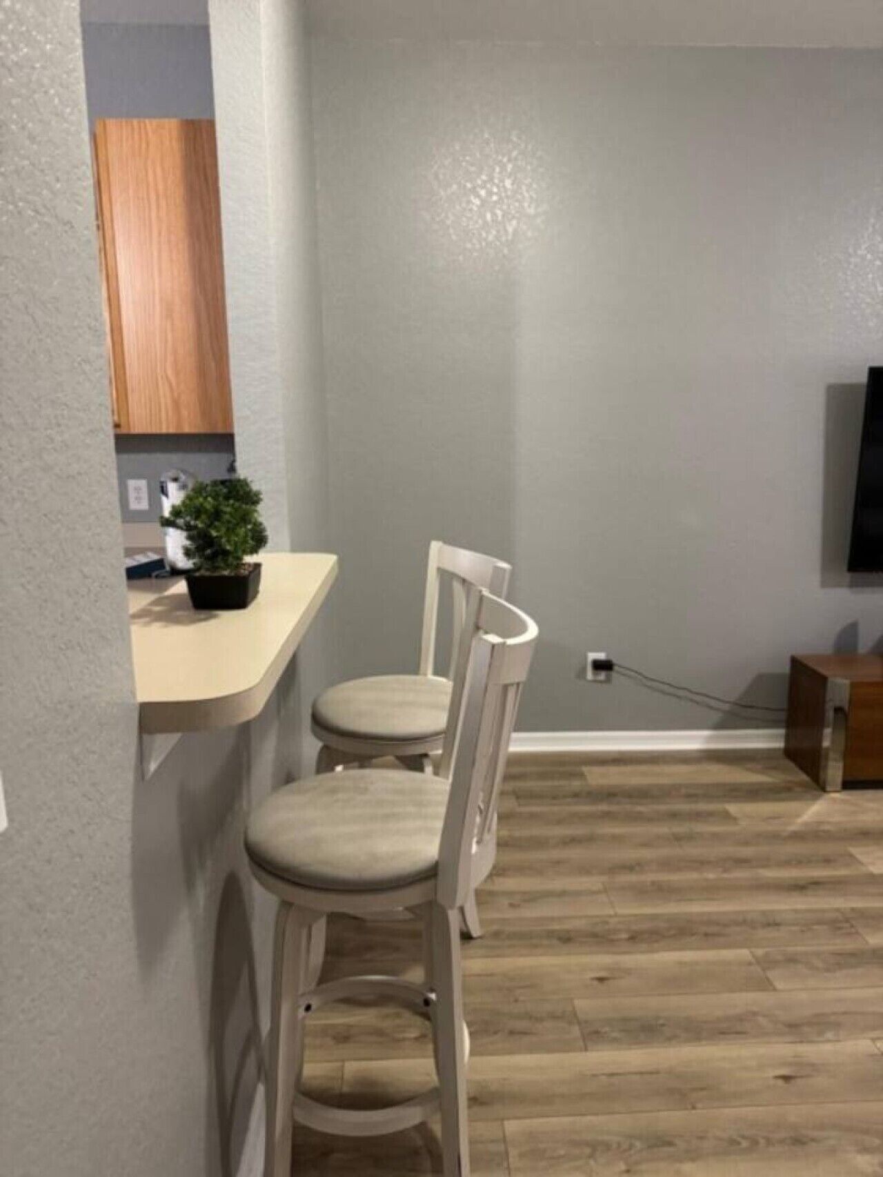 Une pièce avec un plancher en bois, une chaise blanche, une petite table sur laquelle est posée une plante en pot et un téléviseur fixé au mur.