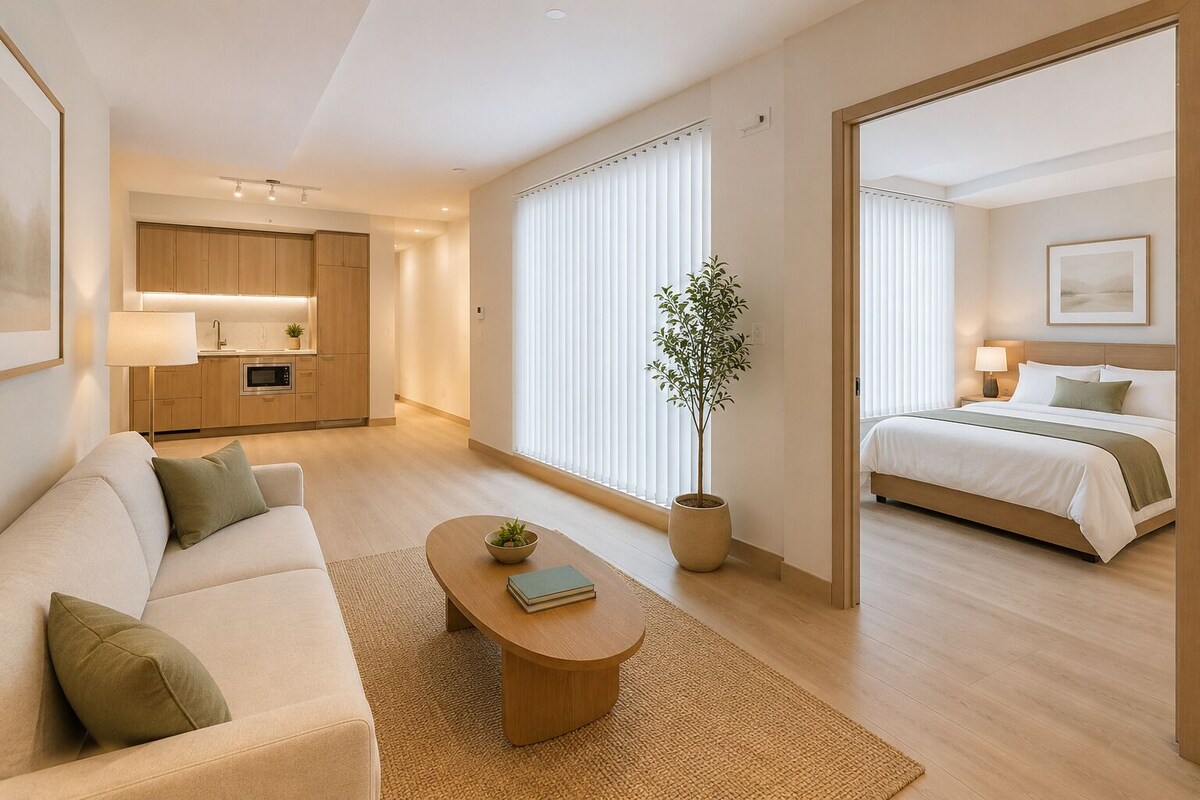 Ein modernes Hotelzimmer mit Sofa, einem kleinen Couchtisch, einer Topfpflanze und einem Bett mit Nachtisch.