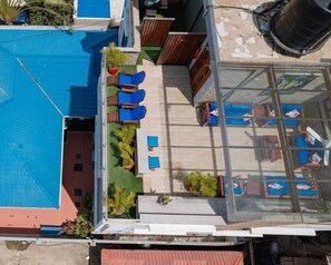 Vue aérienne d’un toit-terrasse avec une piscine, des chaises longues bleues et des plantes en pot.