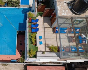 Eine Vogelperspektive eines Daches mit einem Swimmingpool, blauen Liegestühlen und Topfpflanzen.