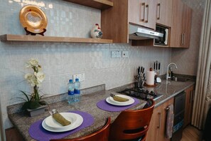 A compact kitchen with a granite countertop, a built-in oven, and a dishwasher. There are two purple placemats on the counter, and a small potted plant with white flowers. - The Hidden Charm- Private Apt- Wi-Fi-Easy access to town (Dar es Salaam)