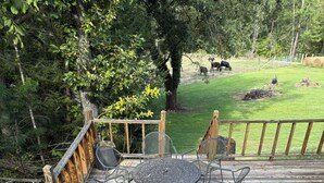 Een houten terras met een metalen tafel en stoelen, een barbecue en uitzicht op een gazon met bomen.