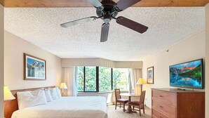 Hotellihuone, jossa on sänky, työpöytä, tuoli, televisio ja kattotuuletin.