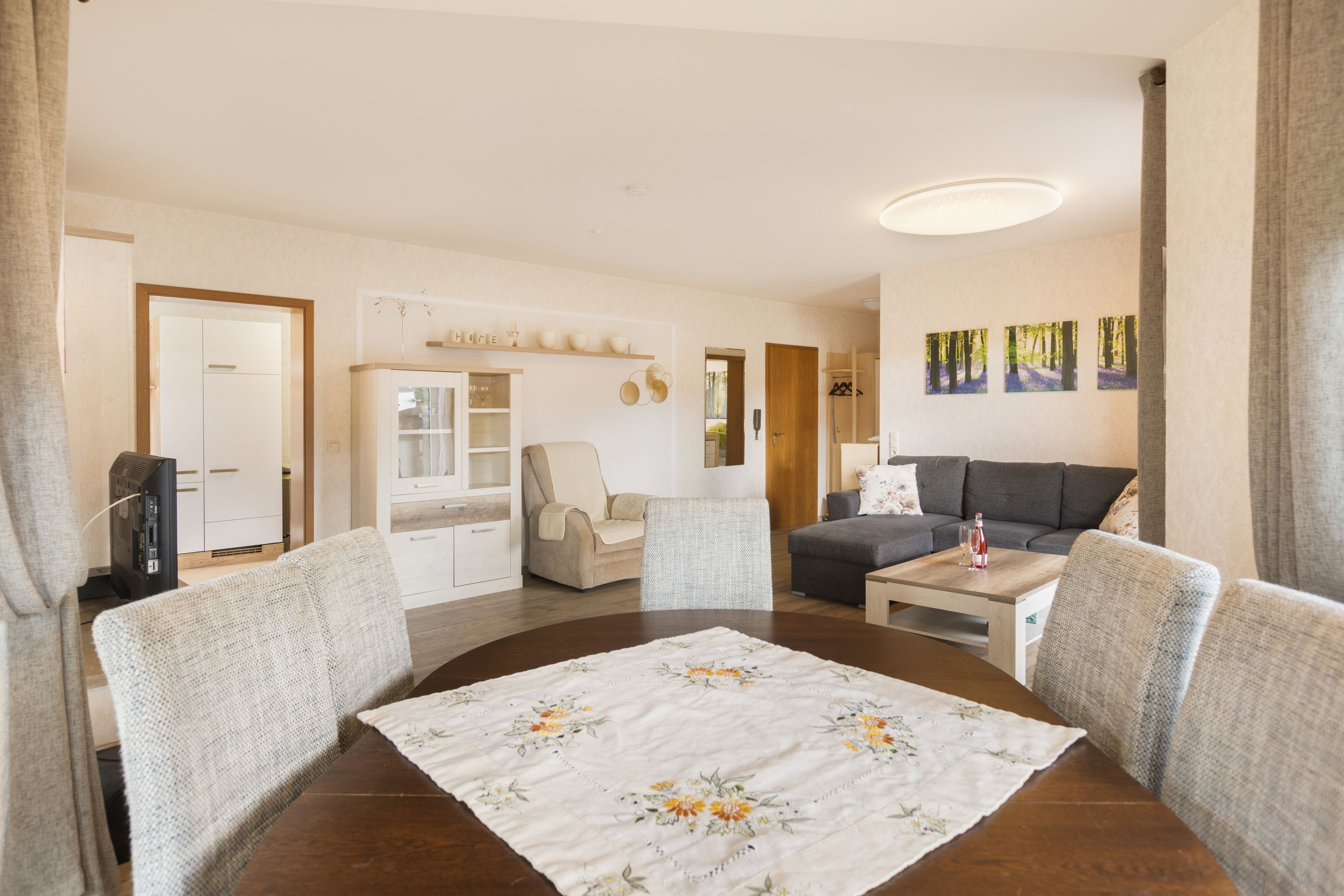 A living room with a dining table, sofa, and a kitchen area in the background.