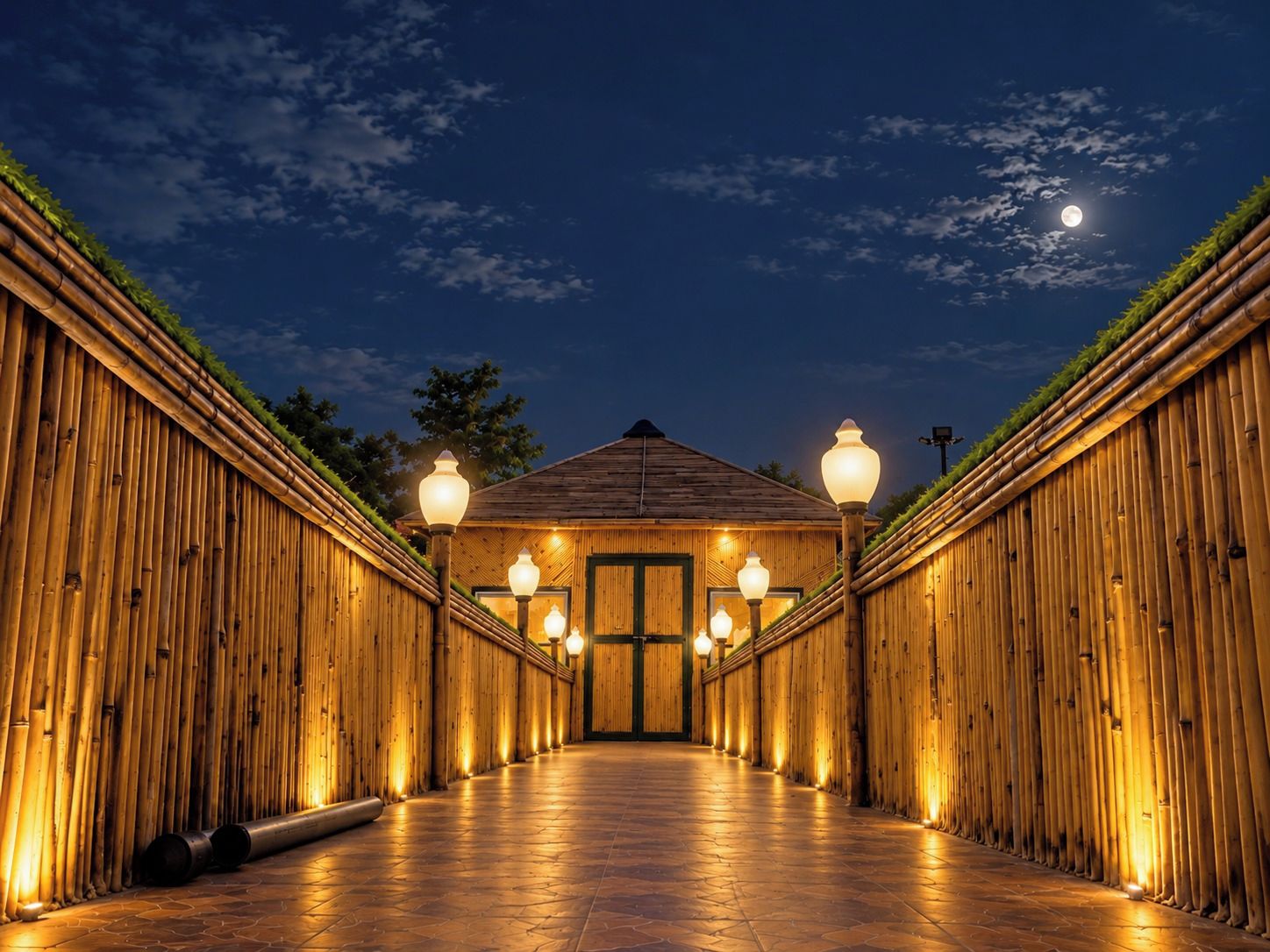 A corridor with a wooden structure, illuminated by street lamps, leading to a building with a green door.