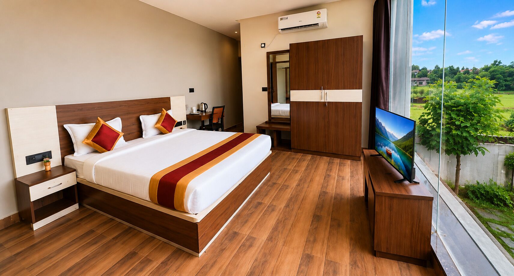 A modern hotel room with a wooden floor, a large bed with a red and white bedspread, a TV on a wooden stand, and a wardrobe.
