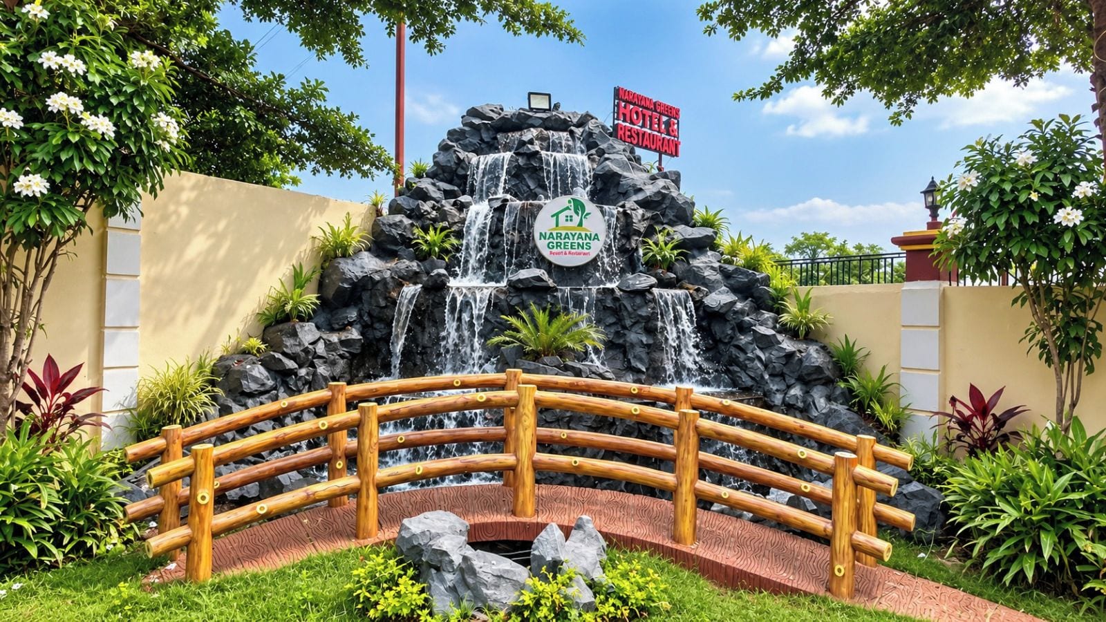 A waterfall feature with a wooden bridge, surrounded by lush greenery and a sign for Narayana Greens Hotel & Restaurant.