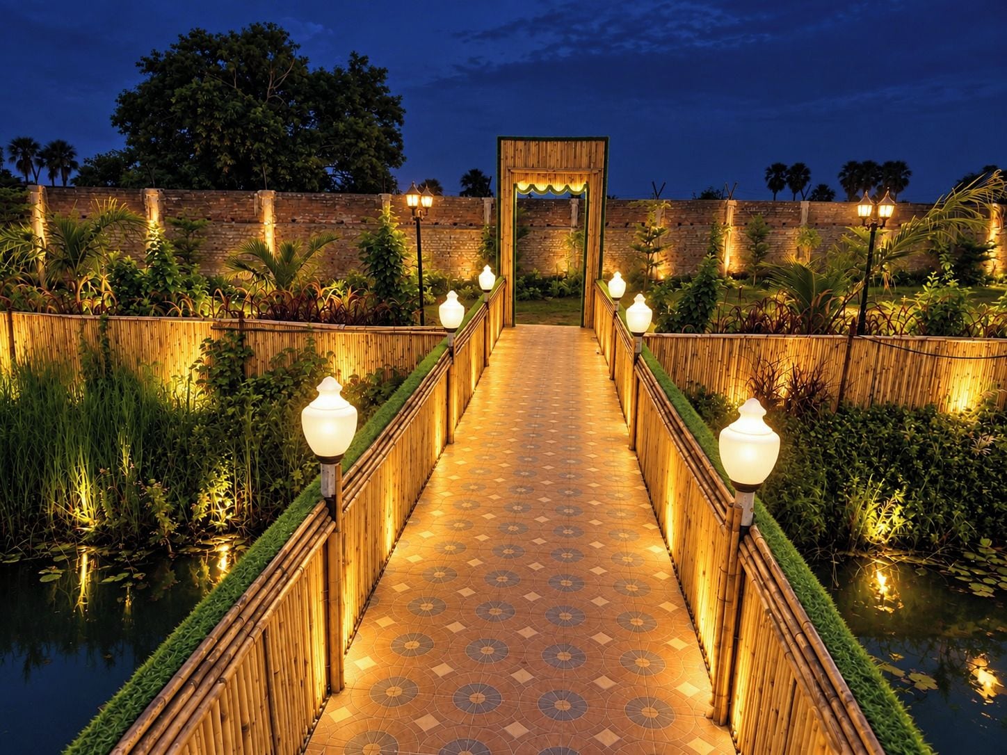 A pathway leading to a wooden archway, flanked by bamboo railings and lit by lantern-style lights.