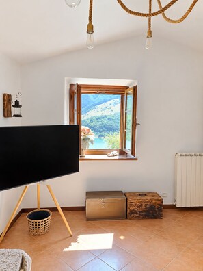 A room with a large black flat-screen TV on a stand, a window with a view of a mountainous landscape, a radiator, and a wooden chest.