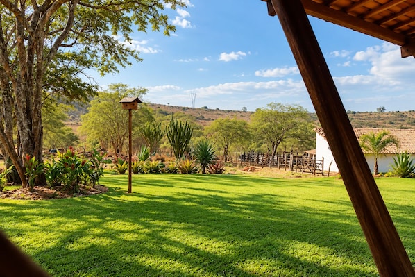A grassy outdoor area with a wooden fence, trees, and a clear sky. - A Flor - Pousada (Garanhuns)