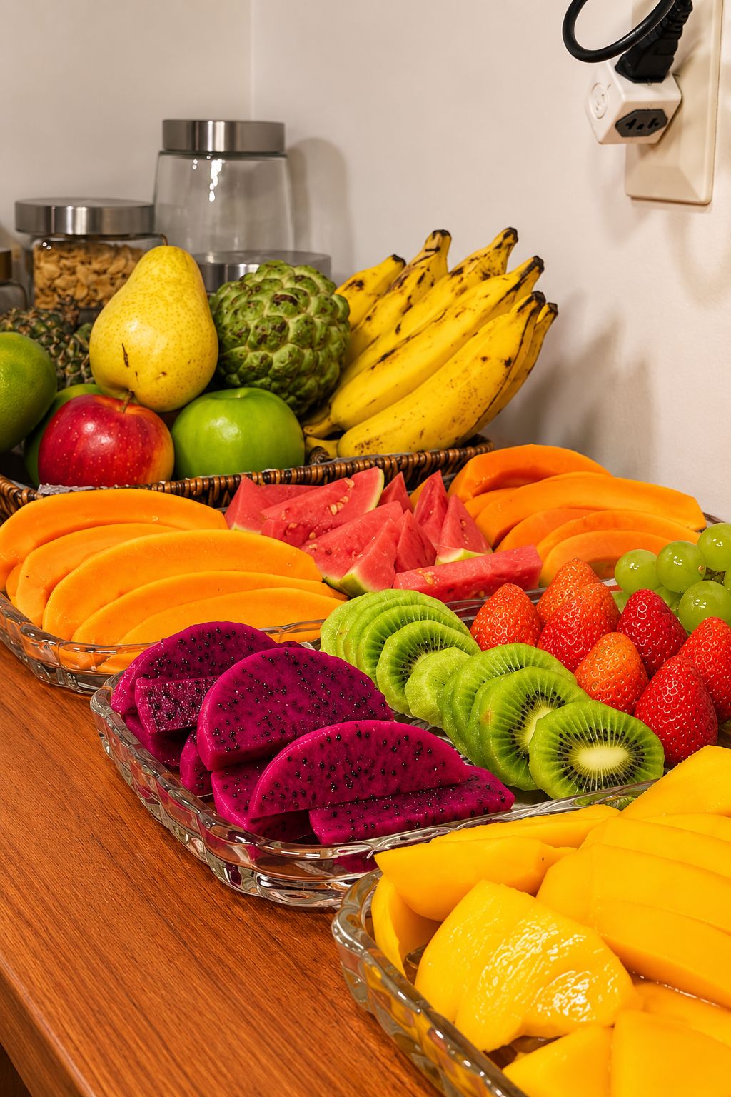 Variedad de frutas dispuestas sobre una mesa, entre ellas manzanas, plátanos y sandía.