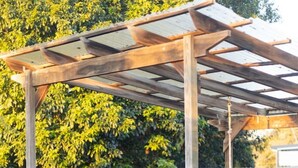 Una terraza de madera con una estructura de pérgola, rodeada de follaje.