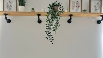 A bed with two pillows, a hanging plant, and a shelf with framed artwork and small plants.