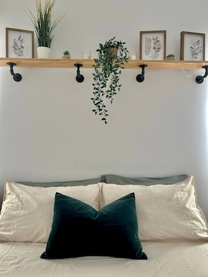 A bed with two pillows, a hanging plant, and a shelf with framed artwork and small plants.
