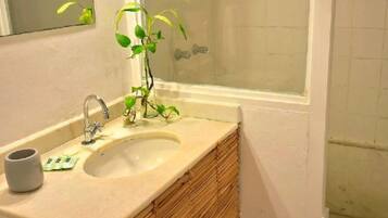 A bathroom with a sink, a mirror, and a shower area.
