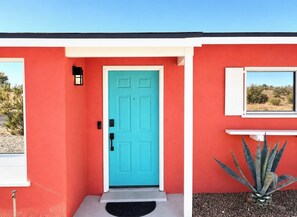A red building with a turquoise door, a small window, and an agave plant.