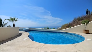 En buet pool med krystalklart vand, omgivet af en betonflisebelagt terrasse, palmer og udsigt til havet.
