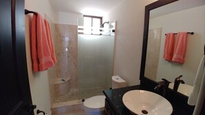 Et badeværelse med bruser, toilet, håndvask og et stort spejl.