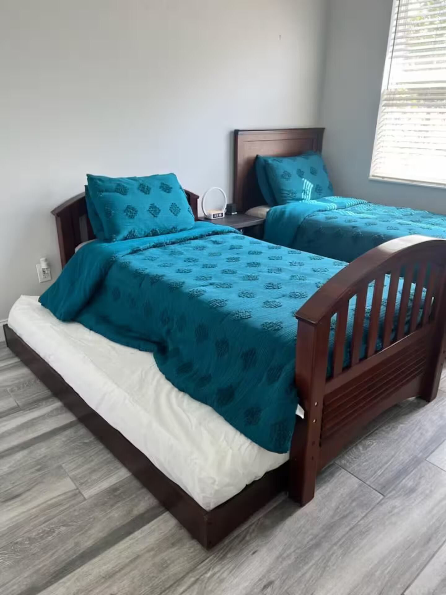 Un dormitorio con dos camas, cada una con cabecero de madera, una mesita de noche y una lámpara de noche.