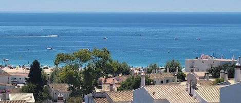 Un pueblo costero con edificios, una playa y barcos en el agua.